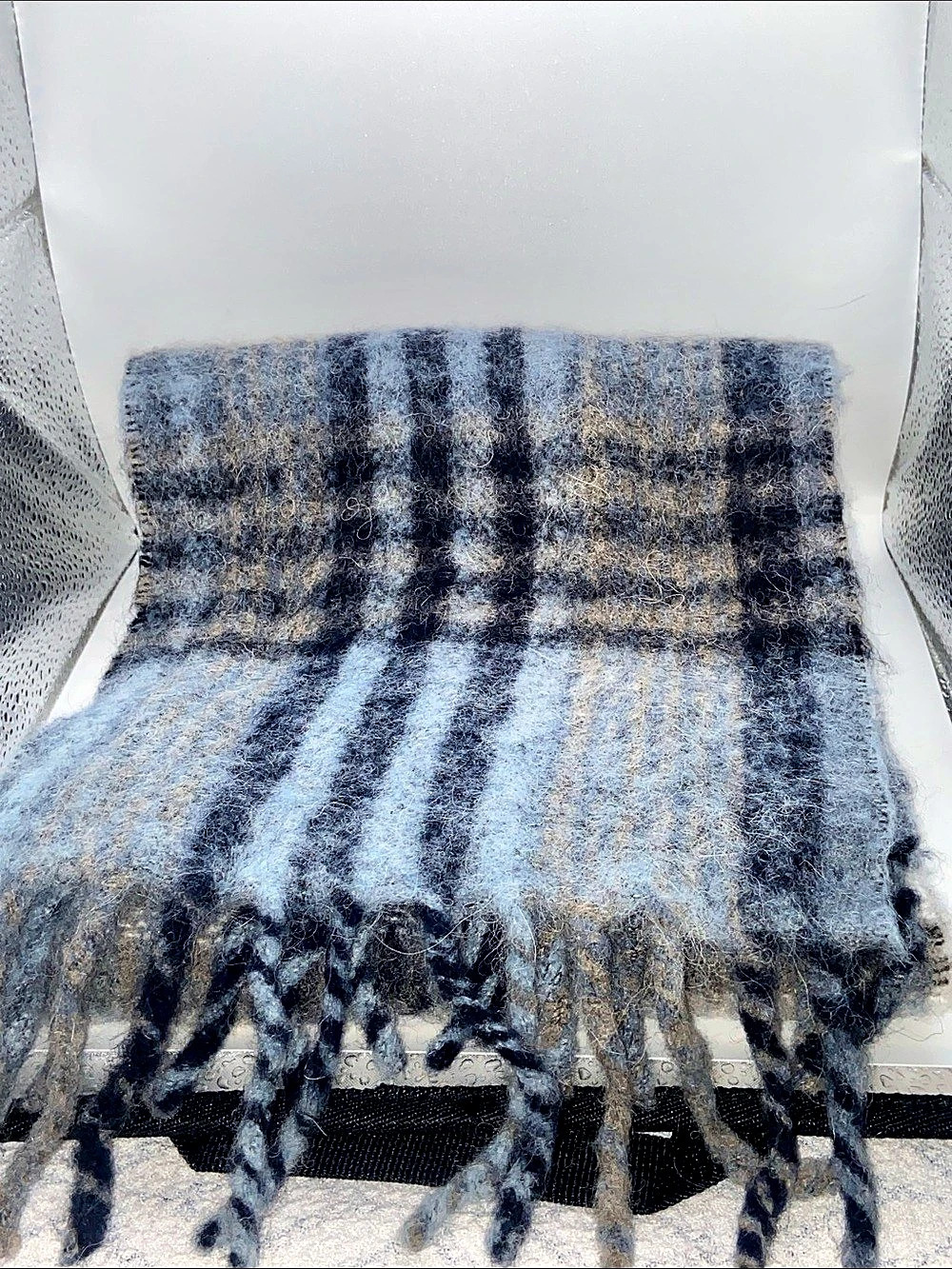 Italian Woollen Treasures Scarf Striped Mohair in Blue & Brown NWT